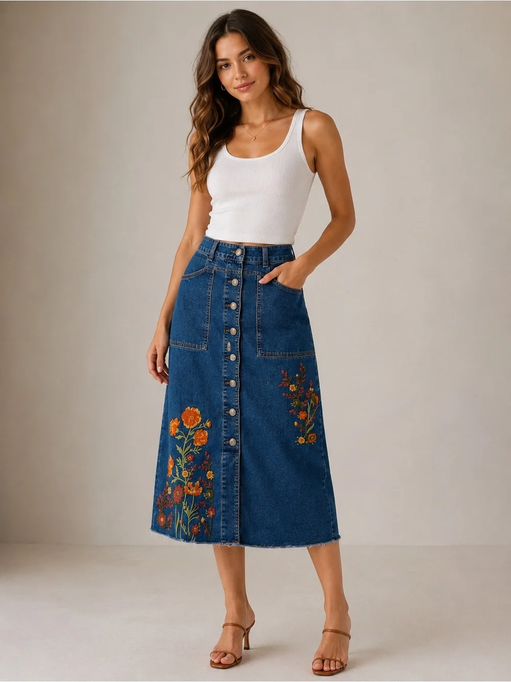 Est 1946 Embroidered Denim Button Front‎ Midi Skirt Size 2